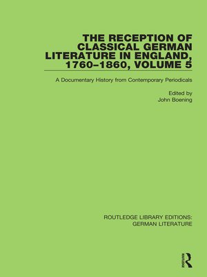 cover image of The Reception of Classical German Literature in England, 1760-1860, Volume 5